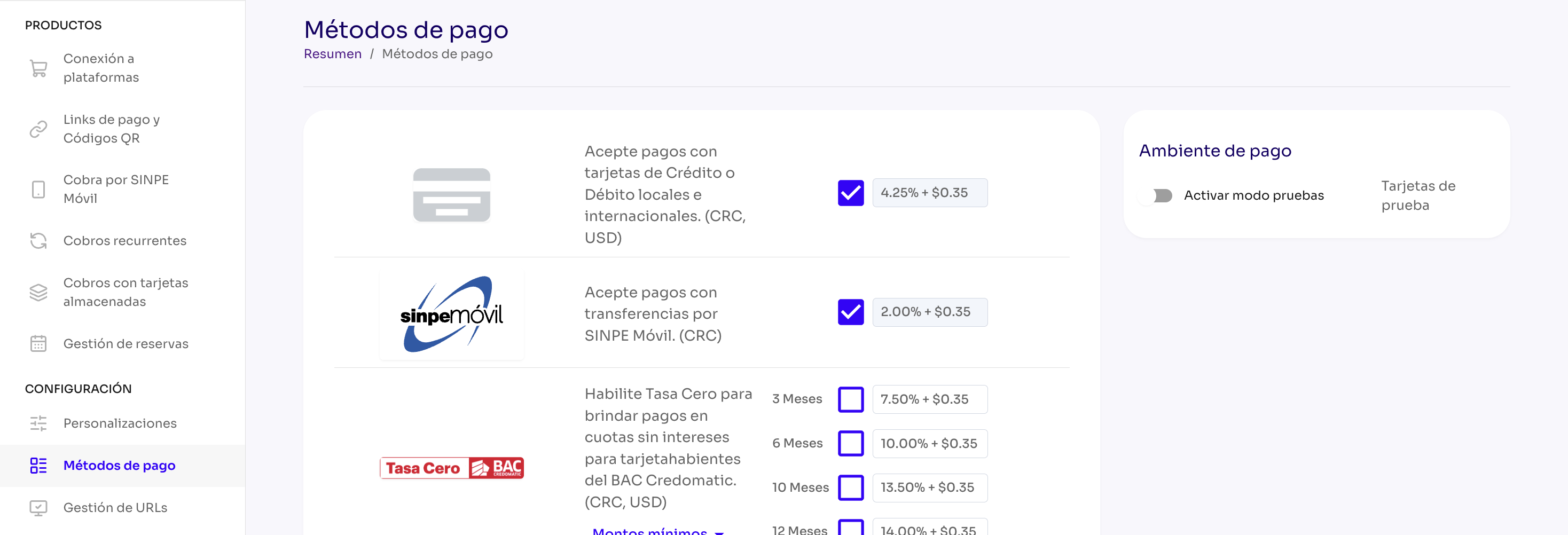 Activar SINPE Móvil en Métodos de pago