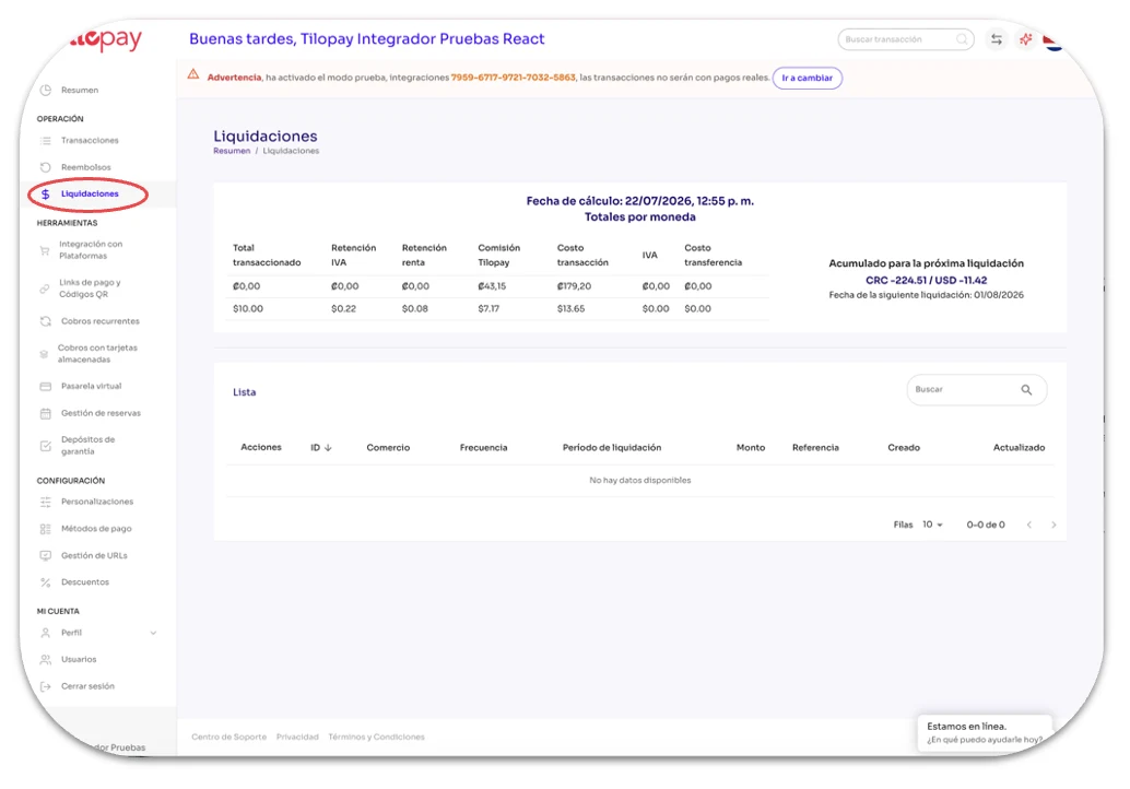What information can I find in the Settlements section of the Tilopay Admin Panel? — screen 25