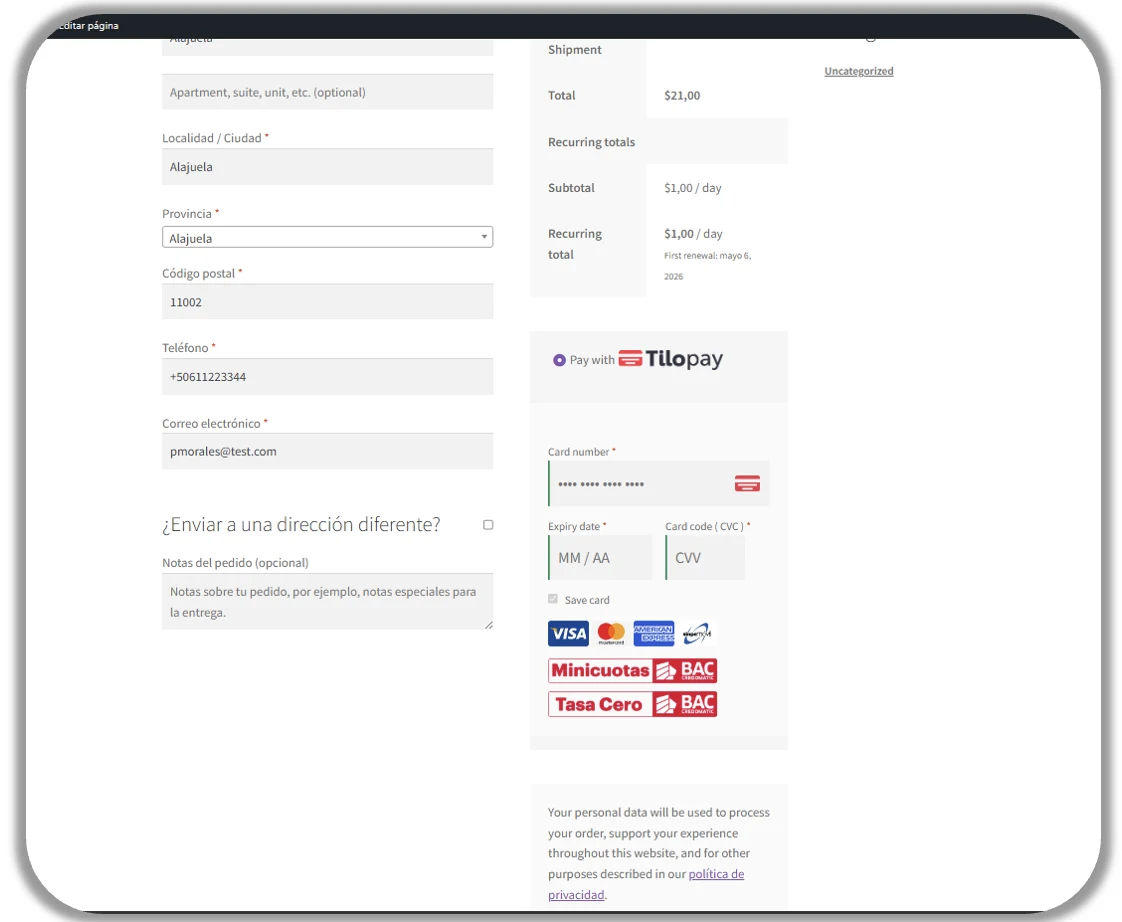How do you set up the Tilopay Payment Method for credit or debit card payments in WooCommerce? — screen 76