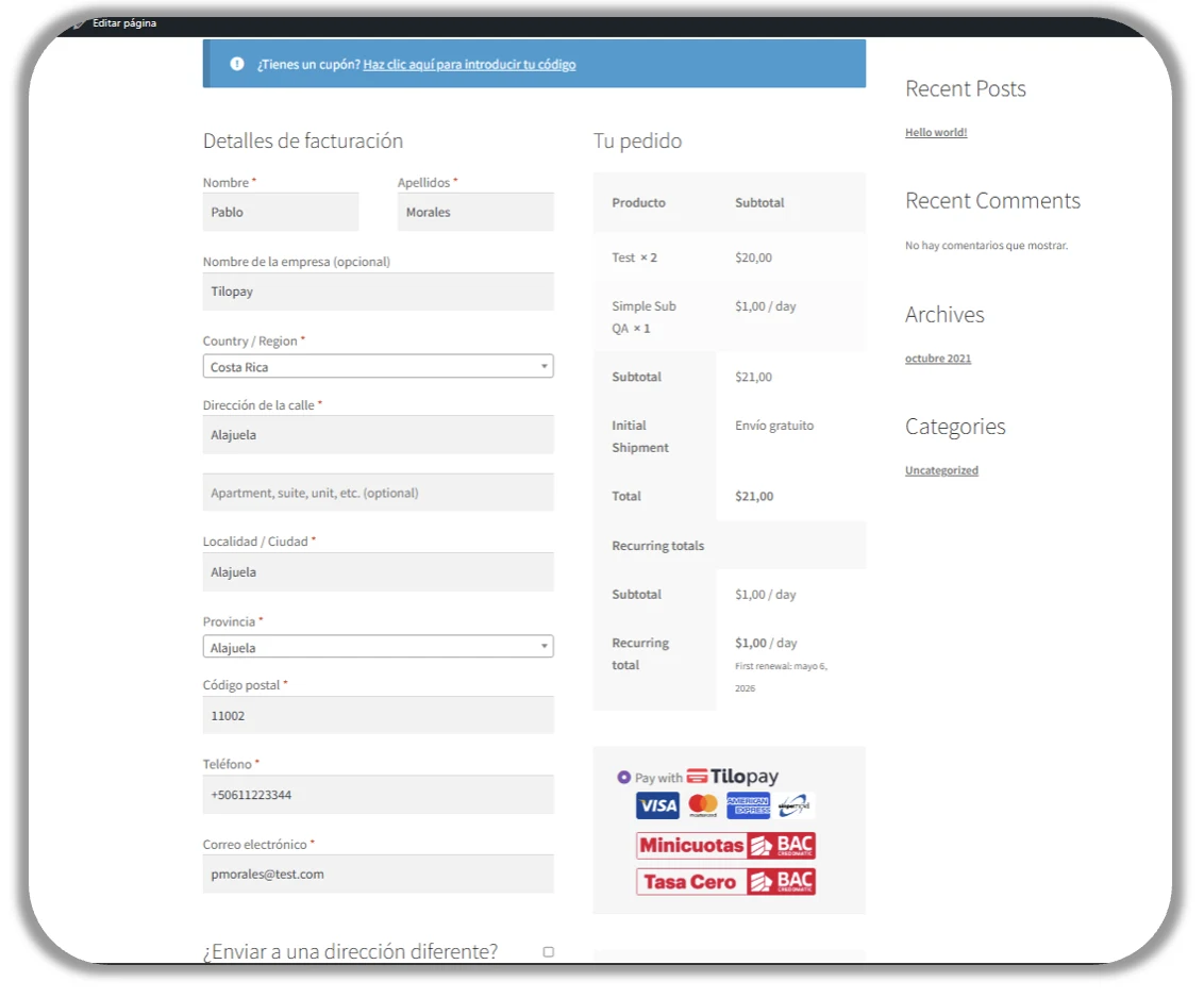 How do you set up the Tilopay Payment Method for credit or debit card payments in WooCommerce? — screen 77