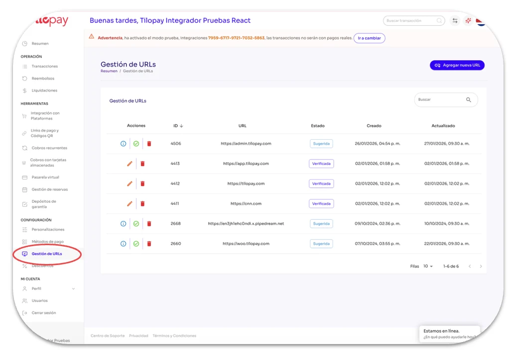 What can I do in the URL Management section of the Tilopay Admin Panel? — screen 192