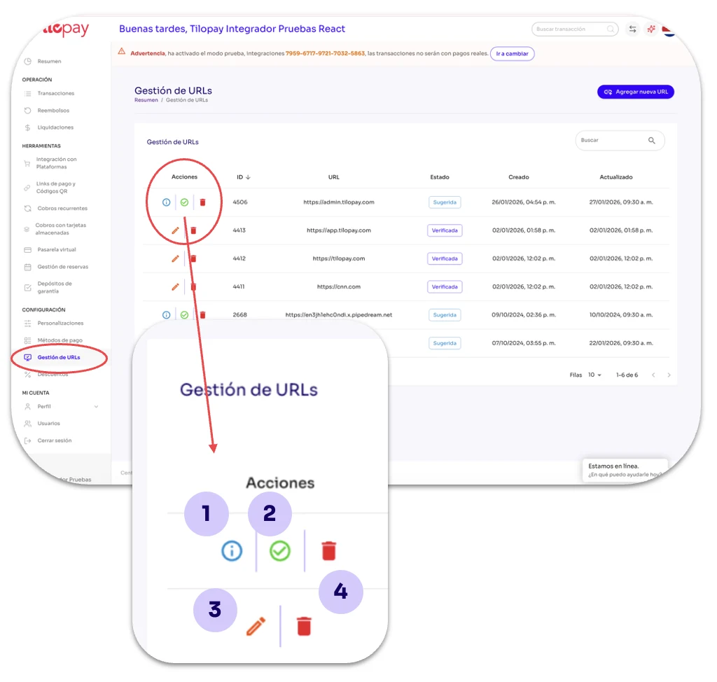 What can I do in the URL Management section of the Tilopay Admin Panel? — screen 193