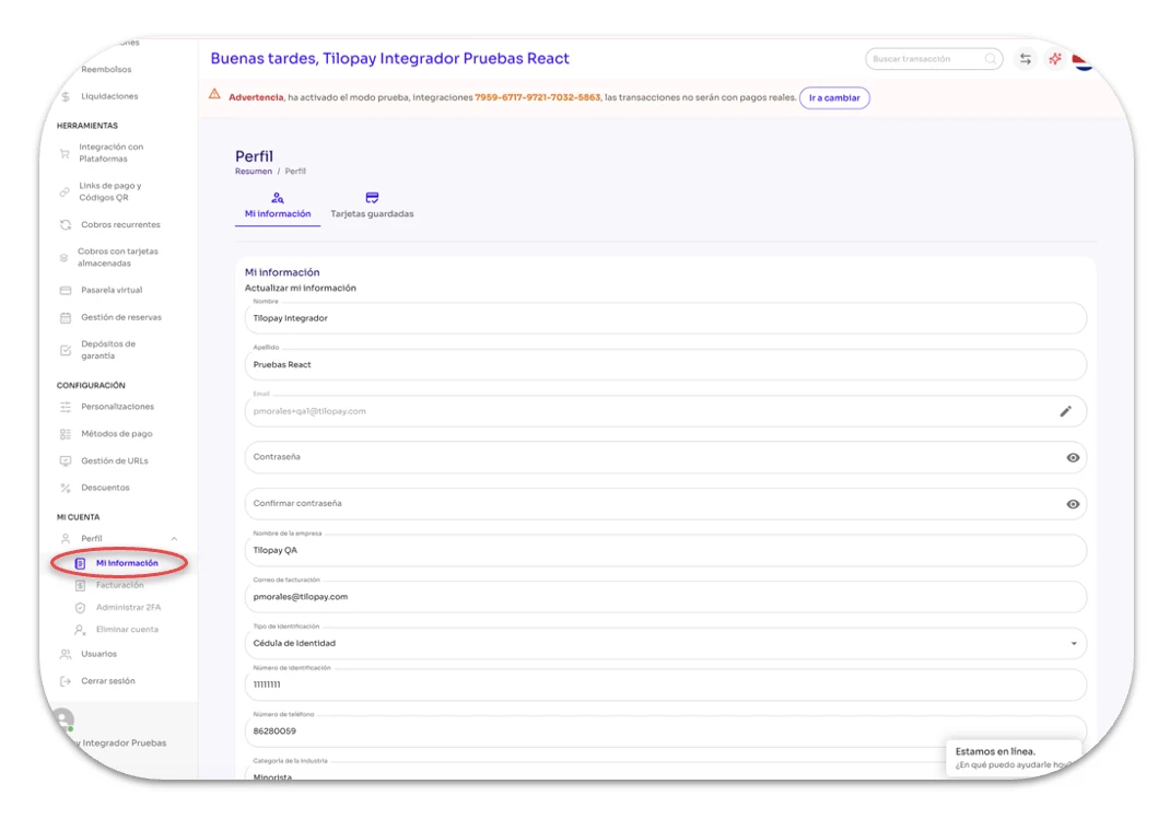 What Can I Do in My Information in the Tilopay Admin Dashboard? — screen 197