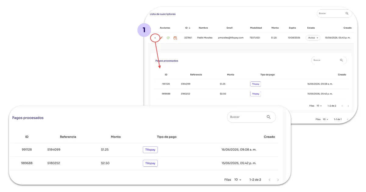 How do I view a subscriber’s payments for each plan under Subscription Charges? — screen 114