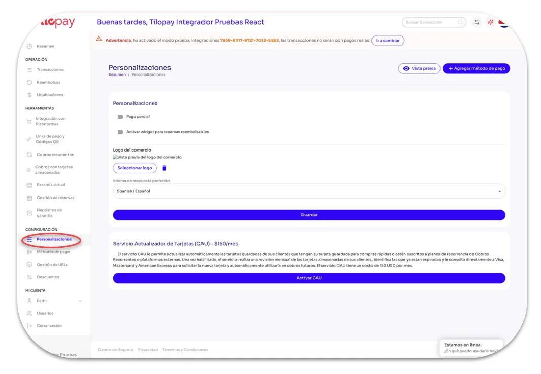 Customizations Section in the Tilopay Admin Dashboard — screen 147