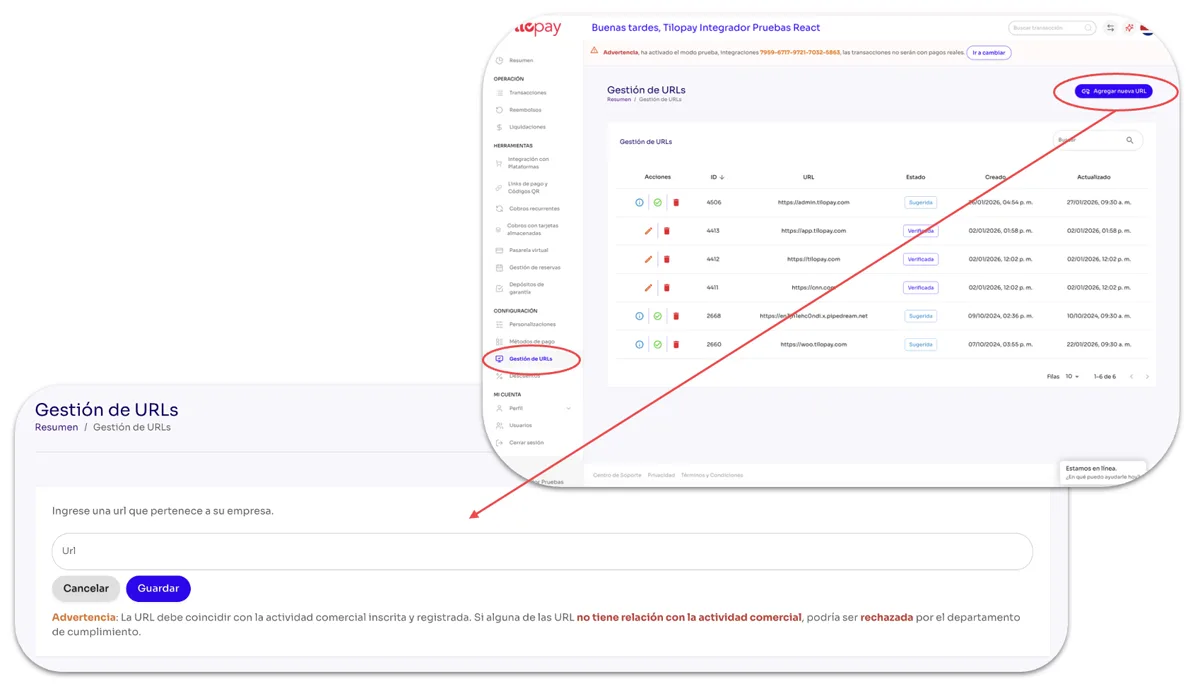 What can I do in the URL Management section of the Tilopay Admin Panel? — screen 194