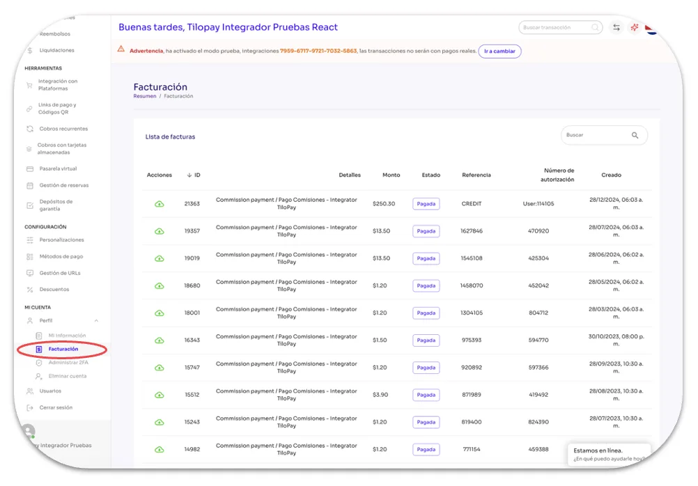 What can I do in the Billing section of the Tilopay Admin Dashboard? — screen 200