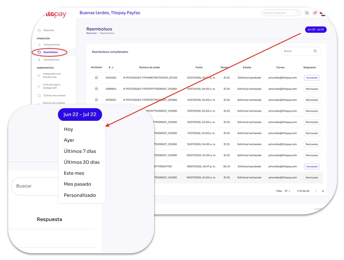 ¿Qué puedo hacer en la sección Reembolsos del Panel Administrativo de Tilopay? — pantalla 21