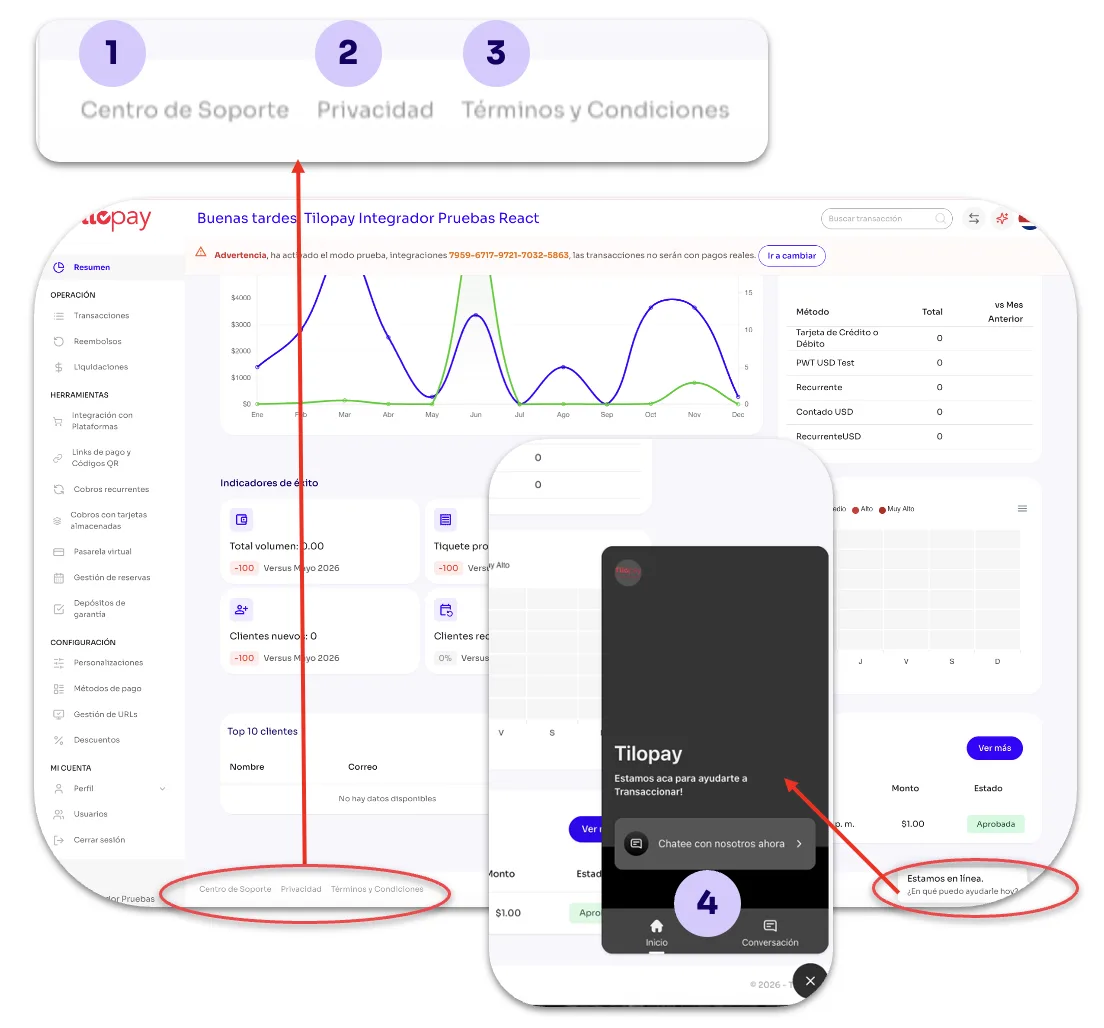 What can I do from any screen in the Tilopay Admin Dashboard? — screen 8